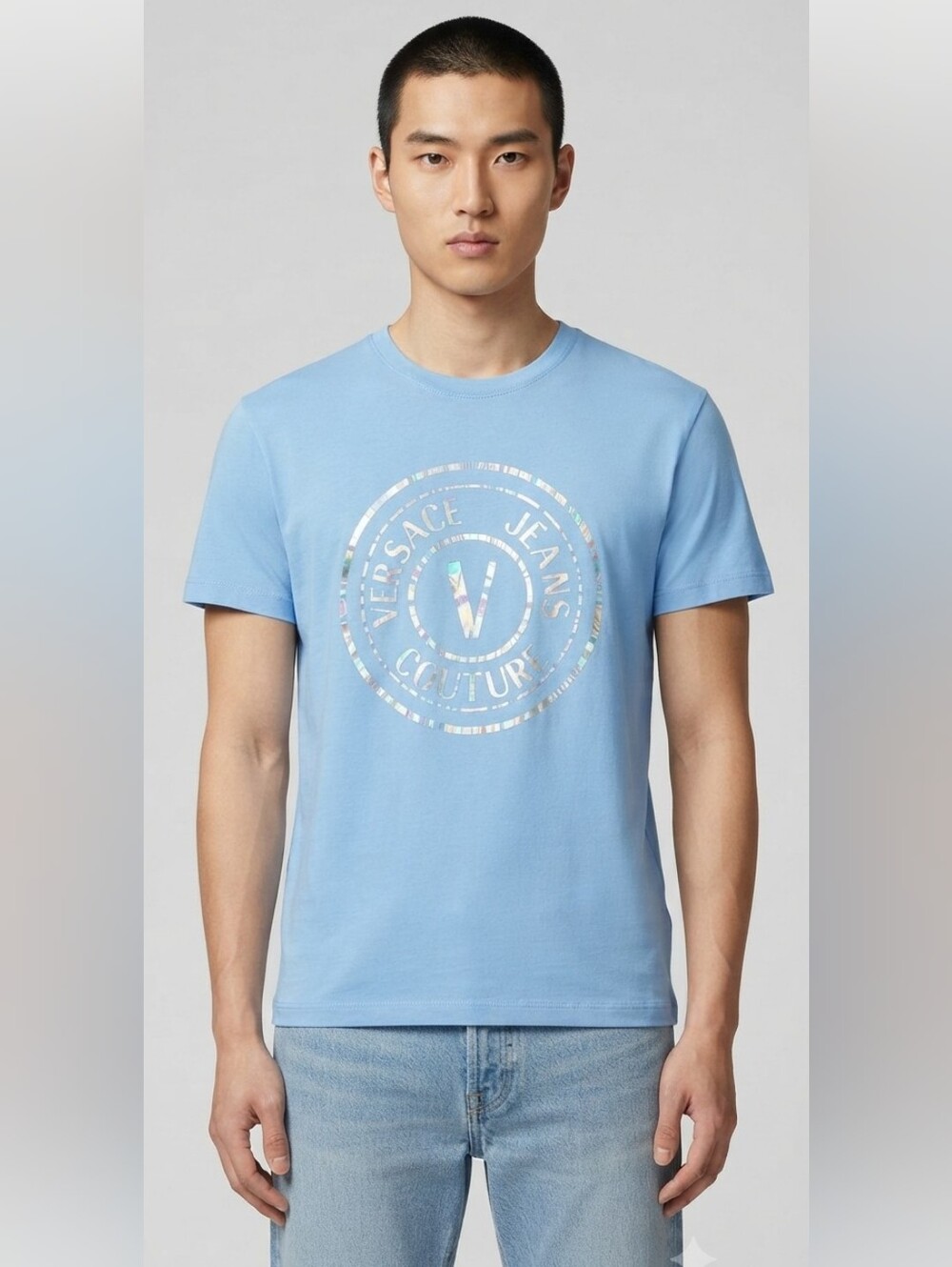 Versace Jeans Couture Light Blue Holographic Logo Tee Shirt XL Authentic